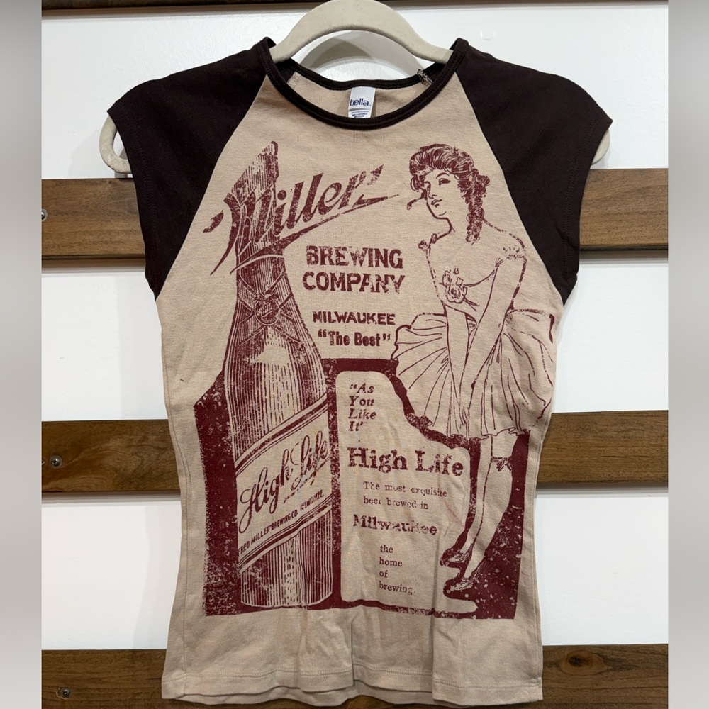 Vintage Miller High Life Graphic Women's Top - Brown and Cream